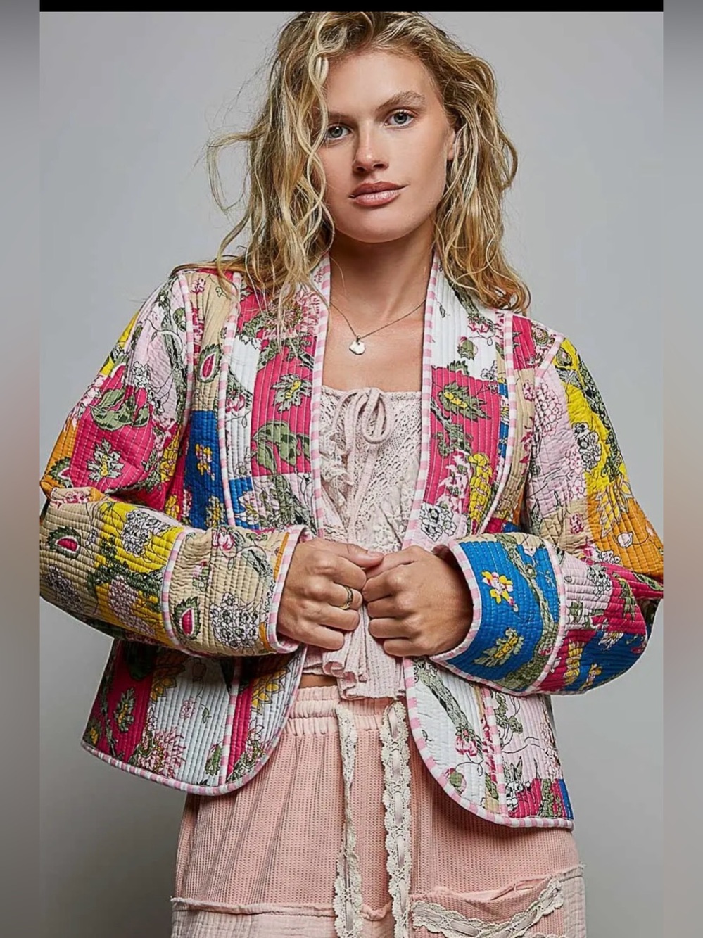POL multicolor floral cotton kantha quilted boho western embroidered jacket coat